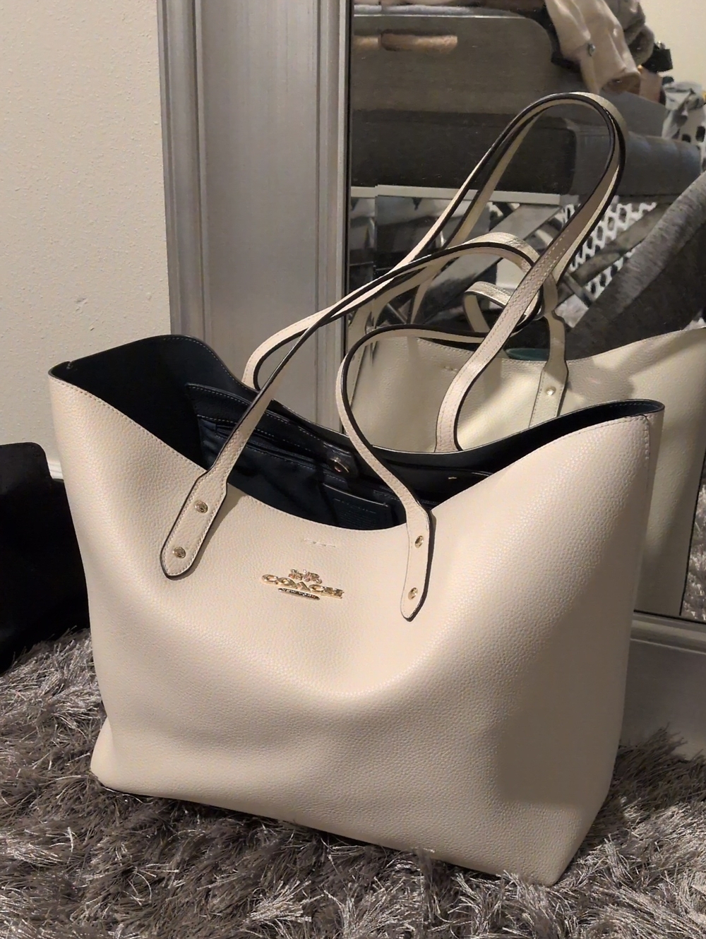 Coach Cream Pebbled Leather Tote with Gold Logo